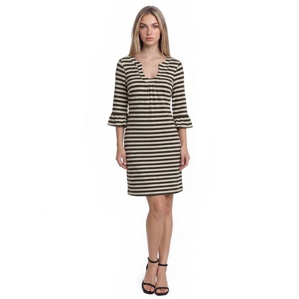 Jude Connally Dress Women's Size Large Brown Cream Striped Sleeve Knee Length